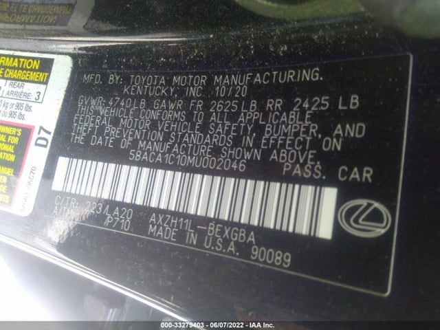 2021 Lexus ES, VIN: 58ACA1C10MU002046