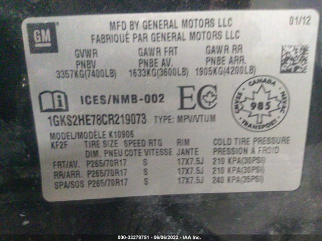 1GKS2HE78CR219073 GMC Yukon Xl Sle