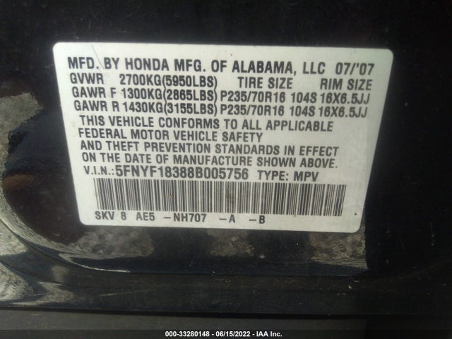 2008 HONDA PILOT VIN: 5FNYF18388B005756