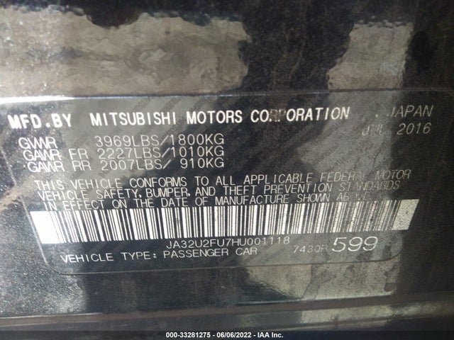 2017 Mitsubishi Lancer, VIN: JA32U2FU7HU001118