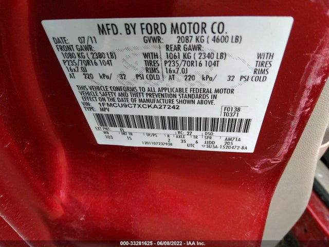 2012 FORD ESCAPE XLS VIN: 1FMCU9C7XCKA27242