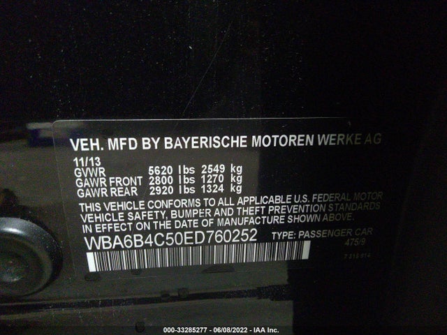 2014 BMW 6 Series, VIN: WBA6B4C50ED760252