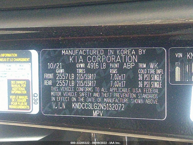 2022 KIA NIRO EV VIN: KNDCC3LG2N5132072