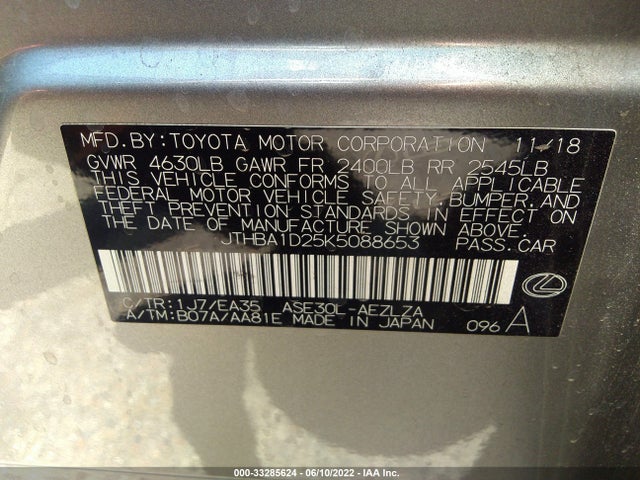 2019 Lexus IS, VIN: JTHBA1D25K5088653
