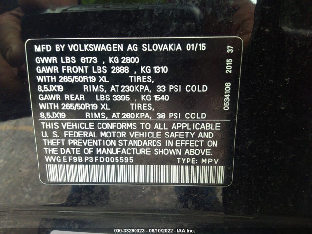 2015 Volkswagen Touareg, VIN: WVGEF9BP3FD005595