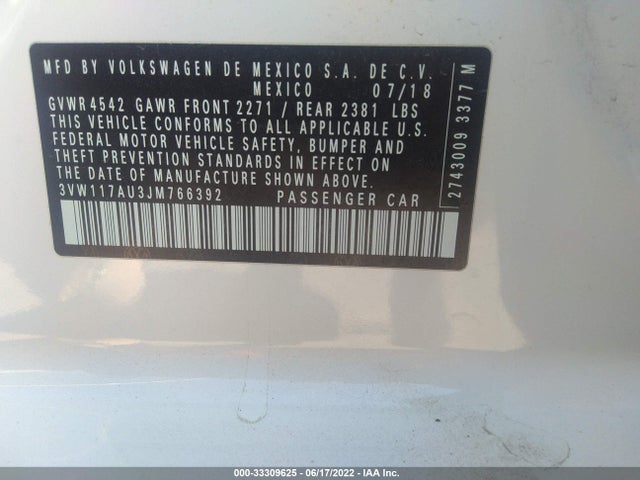 2018 Volkswagen Golf, VIN: 3VW117AU3JM766392