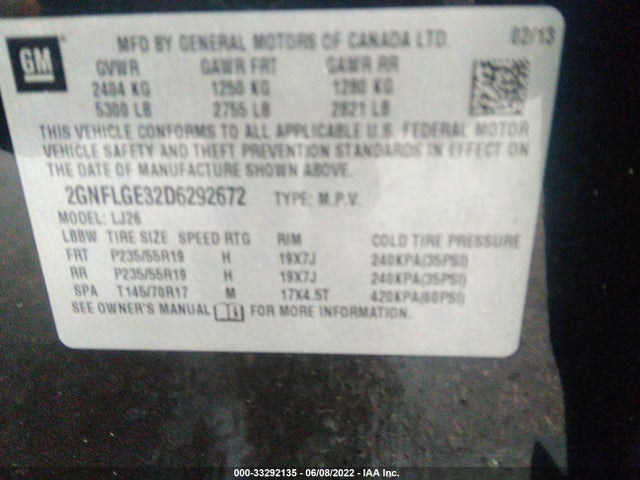 2013 CHEVROLET EQUINOX VIN: 2GNFLGE32D6292672