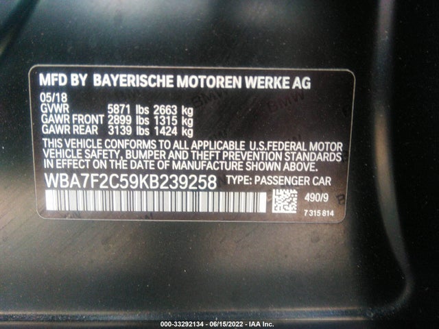 BMW 7 Series 750i Xdrive 2019 WBA7F2C59KB239258 Image 9