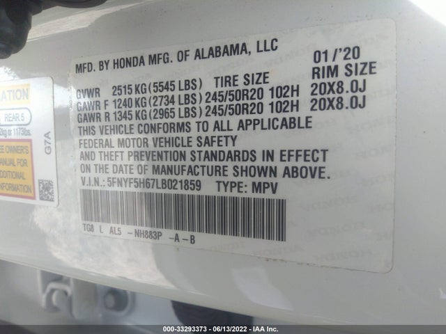 Honda Pilot Touring 7-passenger 2020 5FNYF5H67LB021859 Image 11
