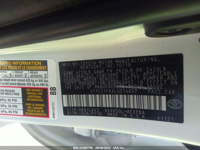2020 Toyota Avalon, VIN: 4T1C21FBXLU014647