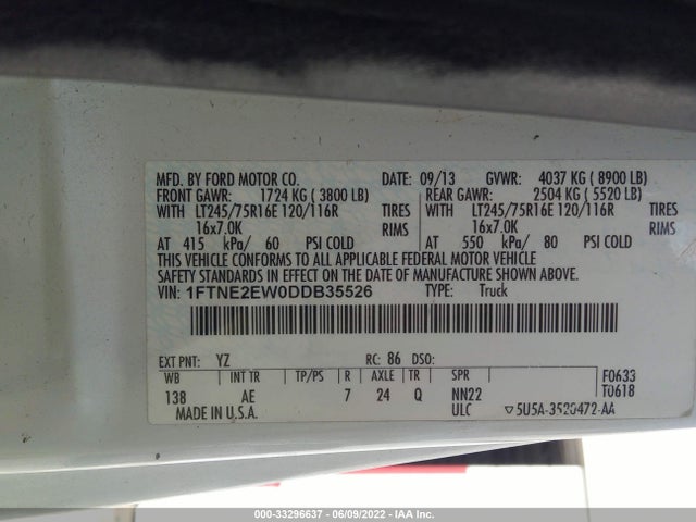 2013 FORD ECONOLINE CARGO VAN VIN: 1FTNE2EW0DDB35526