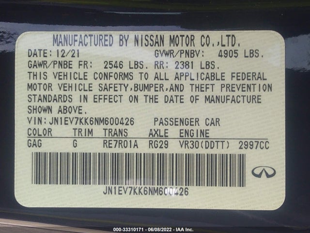 2022 Infiniti Q60, VIN: JN1EV7KK6NM600426