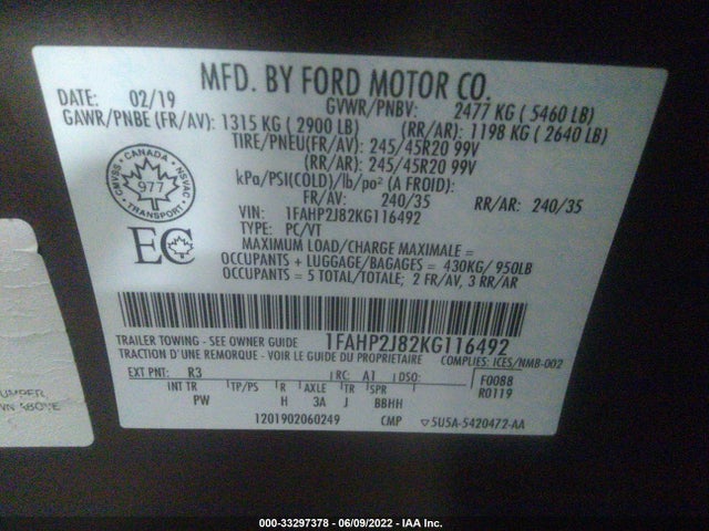 2019 Ford Taurus, VIN: 1FAHP2J82KG116492