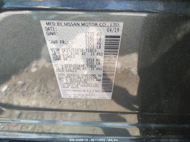 2019 NISSAN PATHFINDER SL VIN: 5N1DR2MN4KC631792