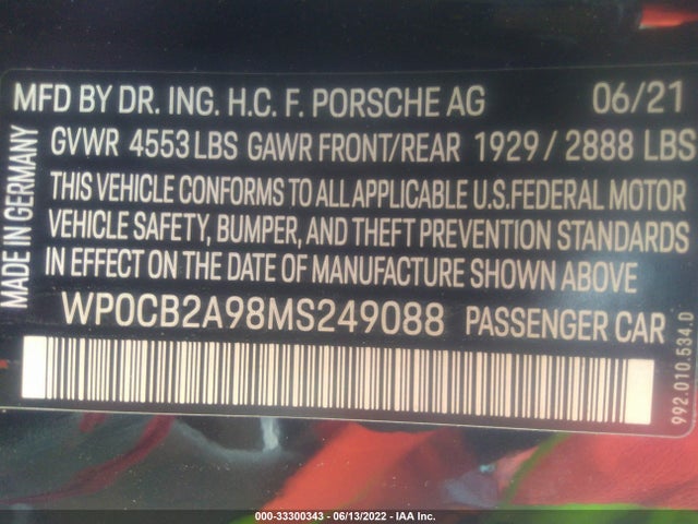 2021 Porsche 911, VIN: WP0CB2A98MS249088