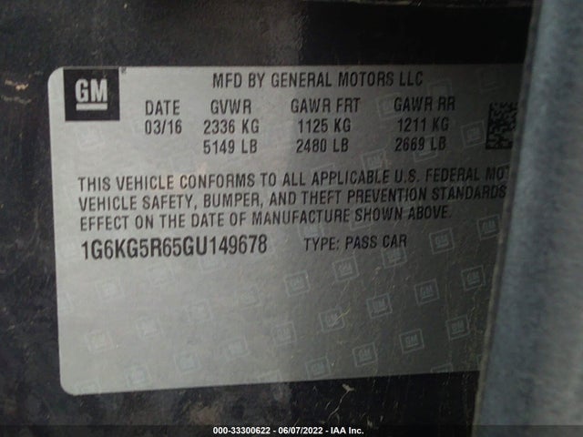 2016 Cadillac CT6, VIN: 1G6KG5R65GU149678