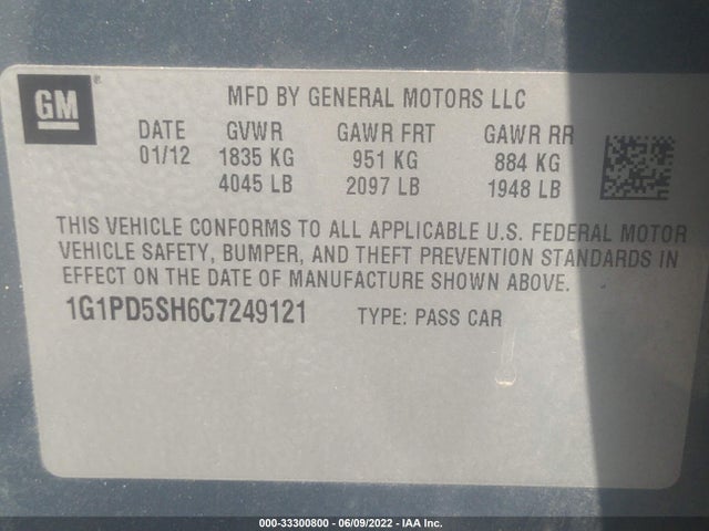 2012 CHEVROLET CRUZE VIN: 1G1PD5SH6C7249121