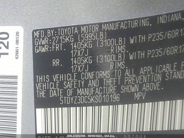 2019 Toyota Sienna, VIN: 5TDYZ3DC5KS010196