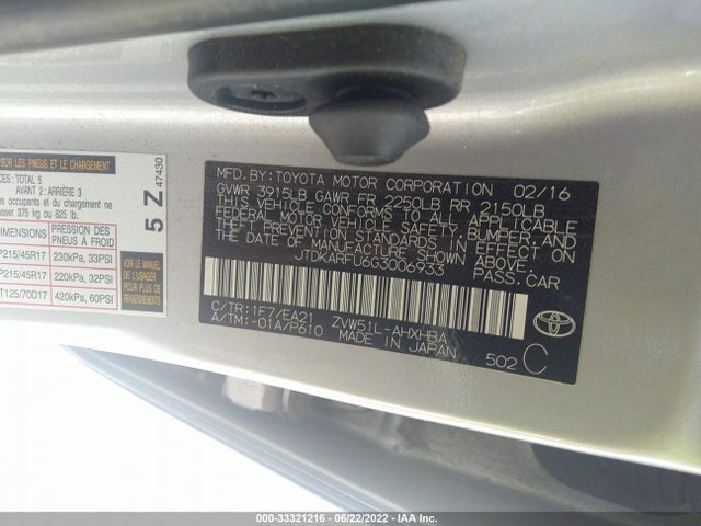 2016 Toyota Prius, VIN: JTDKARFU6G3006933