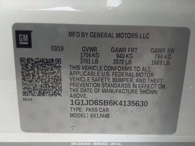 2019 Chevrolet Sonic, VIN: 1G1JD6SB6K4135630