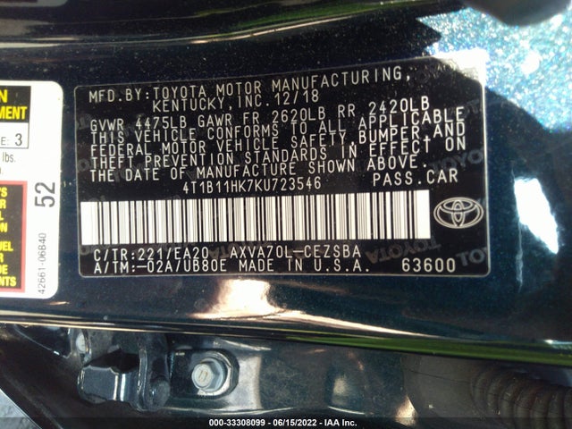 2019 Toyota Camry, VIN: 4T1B11HK7KU723546