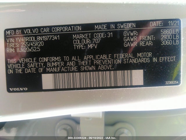 2022 Volvo XC60, VIN: YV4BR0DL8N1977341