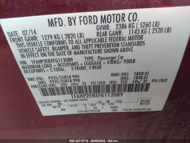 2015 Ford Taurus, VIN: 1FAHP2E8XFG112089