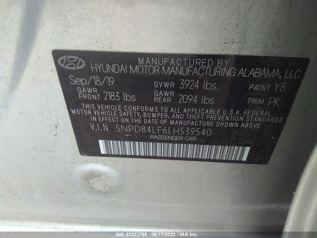 2020 HYUNDAI ELANTRA VIN: 5NPD84LF6LH539540
