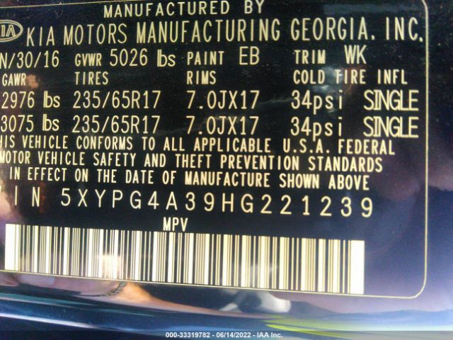 5XYPG4A39HG221239 KIA Sorento 2.4l L