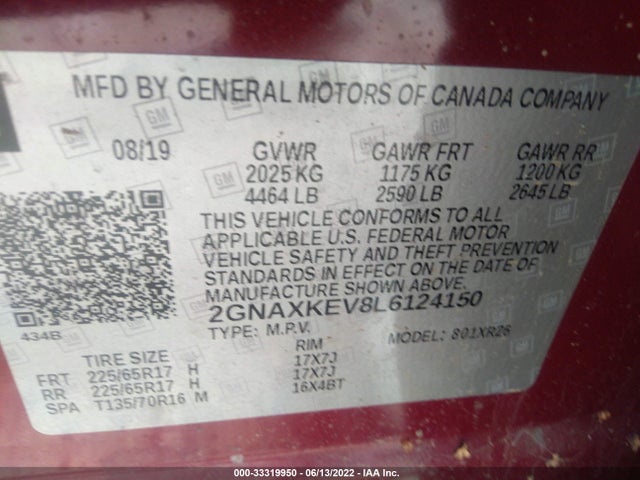 2020 Chevrolet Equinox, VIN: 2GNAXKEV8L6124150