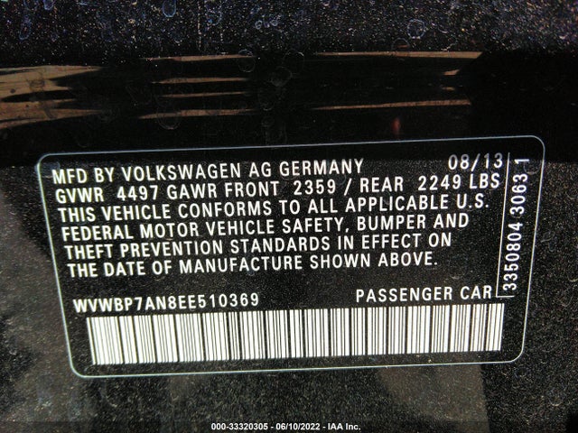 2014 Volkswagen CC, VIN: WVWBP7AN8EE510369