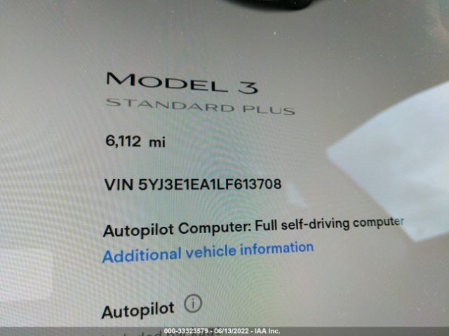 5YJ3E1EA1LF613708 Tesla Model 3 Standard Range
