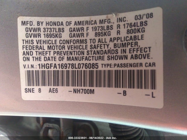 2008 HONDA CIVIC SDN VIN: 1HGFA16978L076085