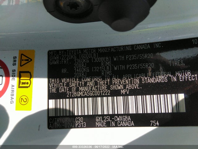 2016 Lexus RX, VIN: 2T2BGMCA5GC001222