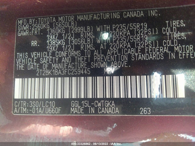 2T2BK1BA3FC259445 Lexus RX 350