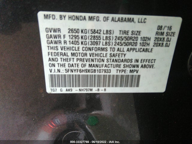 Honda Pilot Touring 2016 5FNYF6H9XGB107933 Image 10
