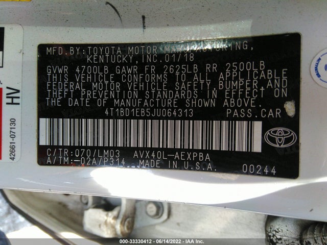 2018 Toyota Avalon, VIN: 4T1BD1EB5JU064313