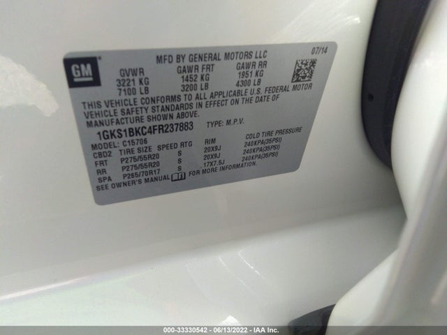 GMC YUKON SLT 2015 1GKS1BKC4FR237883 Image 9