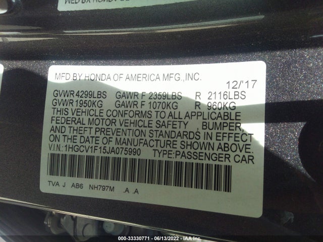 2018 HONDA ACCORD SEDAN VIN: 1HGCV1F15JA075990