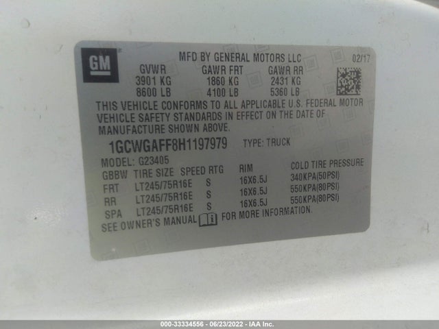 Chevrolet EXPRESS CARGO VAN 2017 1GCWGAFF8H1197979 Image 10