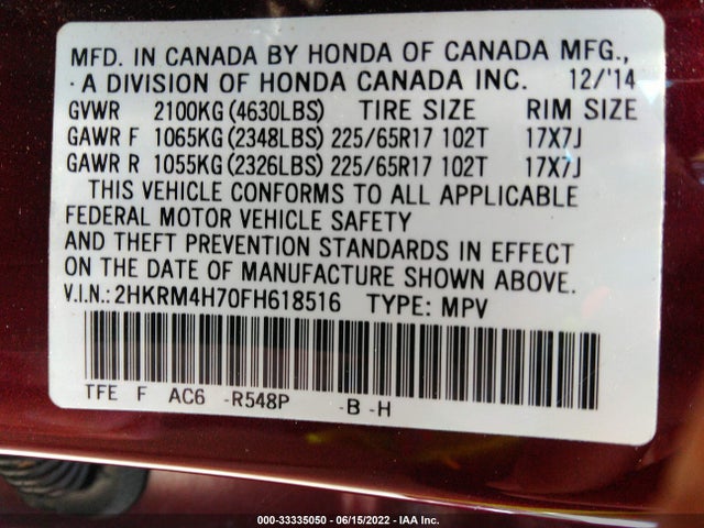 Honda Cr-v Ex-l 2015 2HKRM4H70FH618516 Image 9