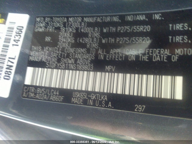 2022 Toyota Sequoia, VIN: 5TDFY5B11NS189803