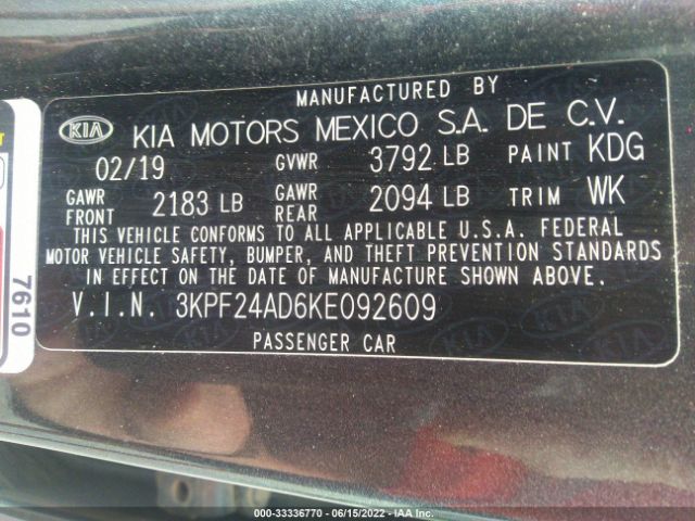 3KPF24AD6KE092609 KIA Forte Lxs