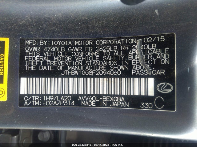2015 Lexus ES, VIN: JTHBW1GG8F2094060