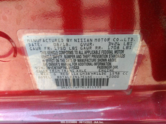 Nissan Versa Sedan Sv 2019 3N1CN7AP7KL811533 Image 11
