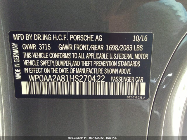 2017 Porsche 718, VIN: WP0AA2A81HS270422