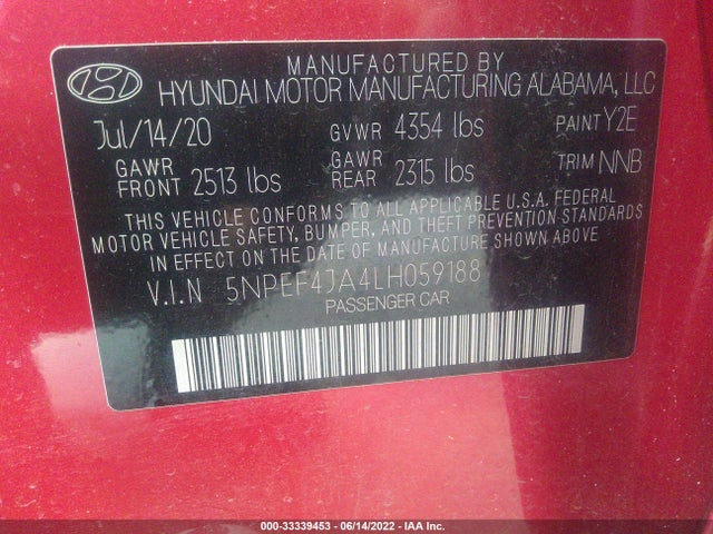 2020 Hyundai Sonata, VIN: 5NPEF4JA4LH059188