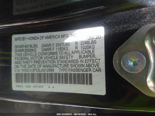 2020 Honda Accord, VIN: 1HGCV3F53LA012968