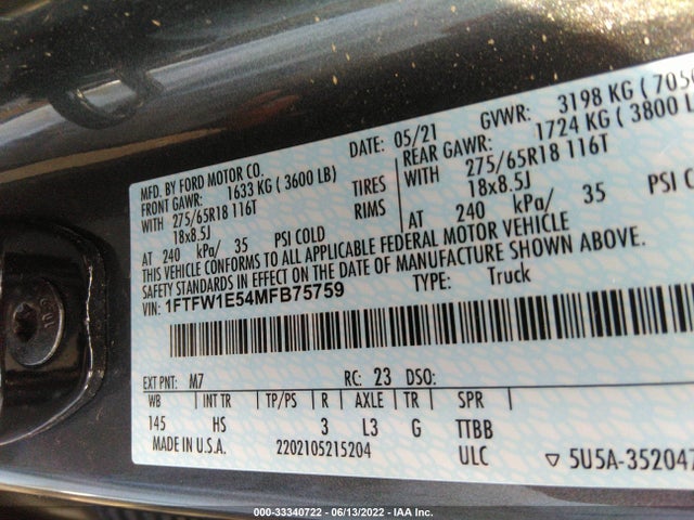 2021 Ford F-150, VIN: 1FTFW1E54MFB75759