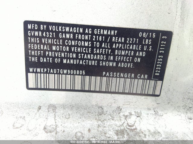2016 Volkswagen Golf, VIN: WVWKP7AU7GW900805